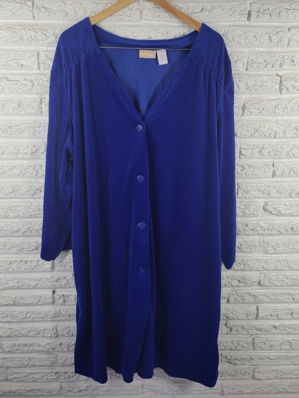 Soft Focus Women's Robe Size 3X Blue Velour Button Up V-Neck Long Sleeve HNGE